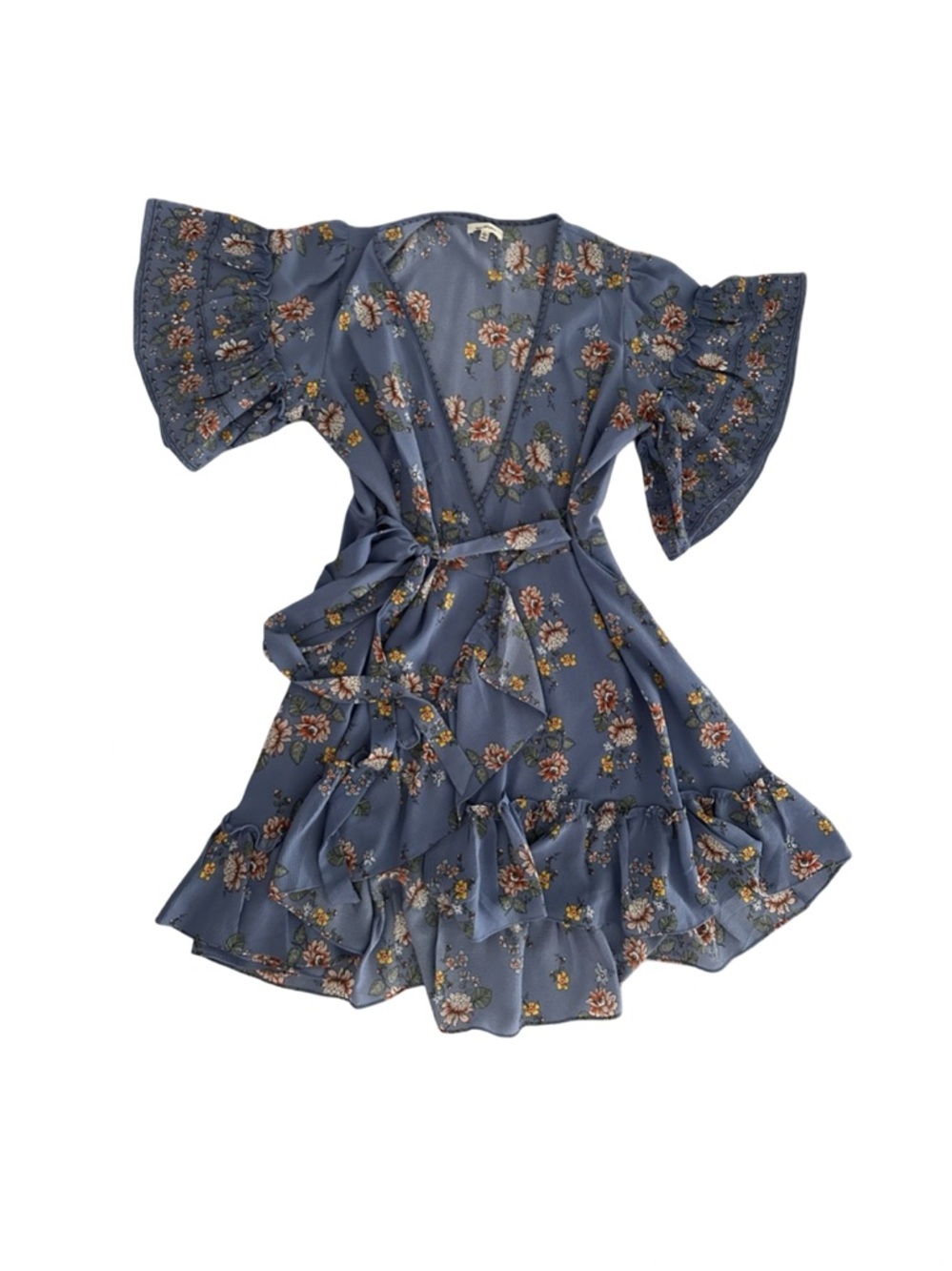 Max Studio Blue Floral Wrap Dress with Ruffle Hem & Bell Sleeves – Size L